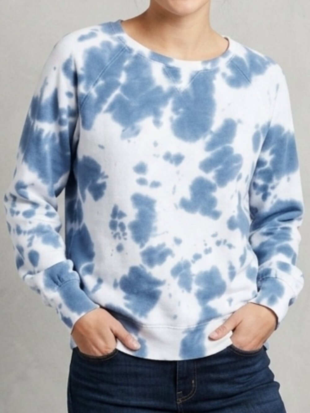 Jane & Delancey Blue White Cloud Tie Dye Crewneck French Raglan Sweatshirt Sz L